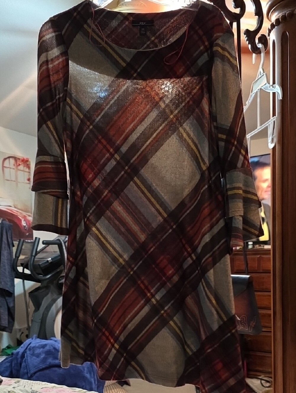 R&K Plaid Long Sleeve Tunic Dress in Burgundy, Brown, Gray
